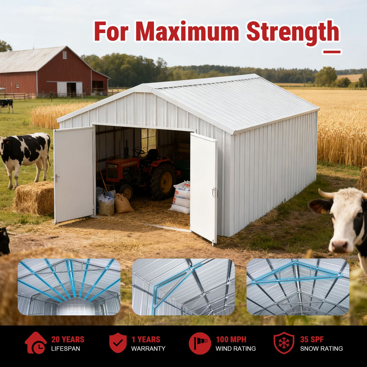 12FT × 20FT Single Garage Metal Shed Double Door Outdoor Storage Unit
