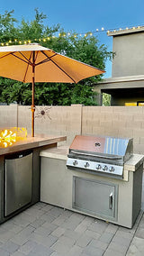 KoKoMo Grills Baja/Fire L-Shaped BBQ Island with Firepit, 4 Burner BBQ and Outdoor Refrigerator