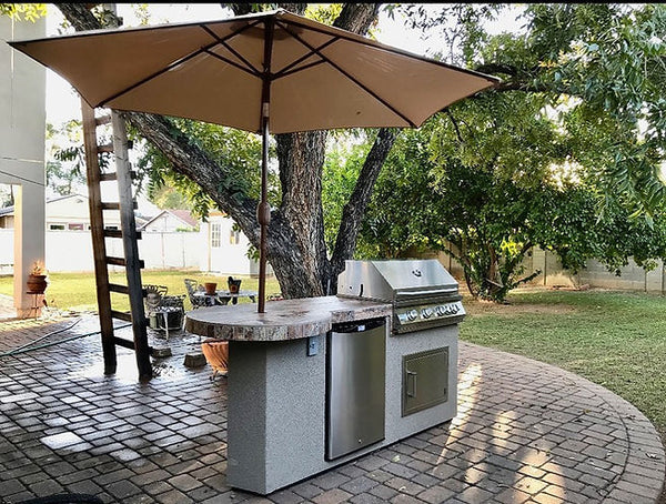 KoKoMo Grills Maui 7'6" BBQ Island with 33" Round Bar On One End LED Lights and Built In BBQ