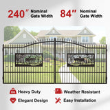 20FT × 7FT Double Wrought Iron Gate Decorative Deer Artwork Driveway Gate