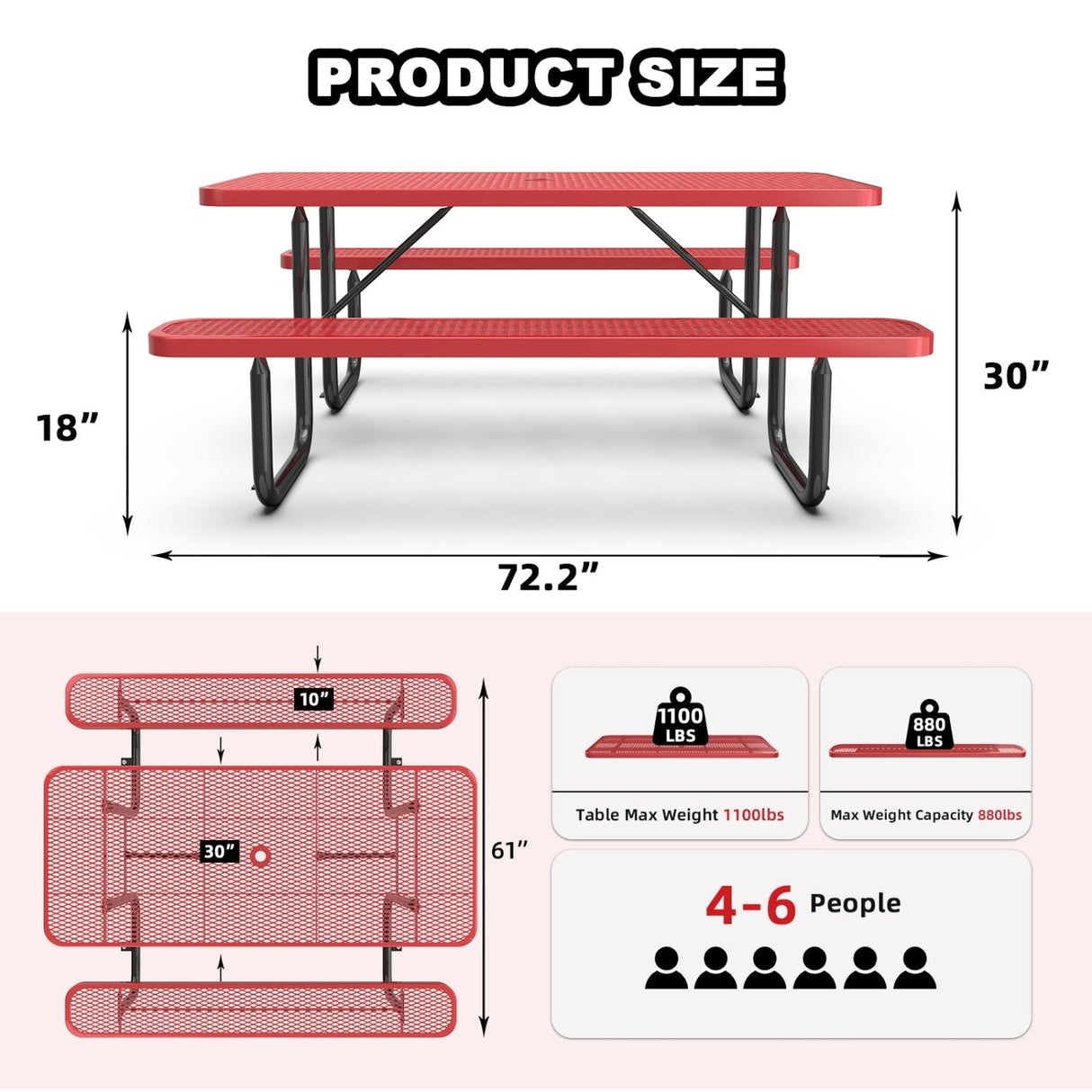 Chery Industrial 6 ft Metal Picnic Table Outdoor Coated Steel Patio Furniture Set