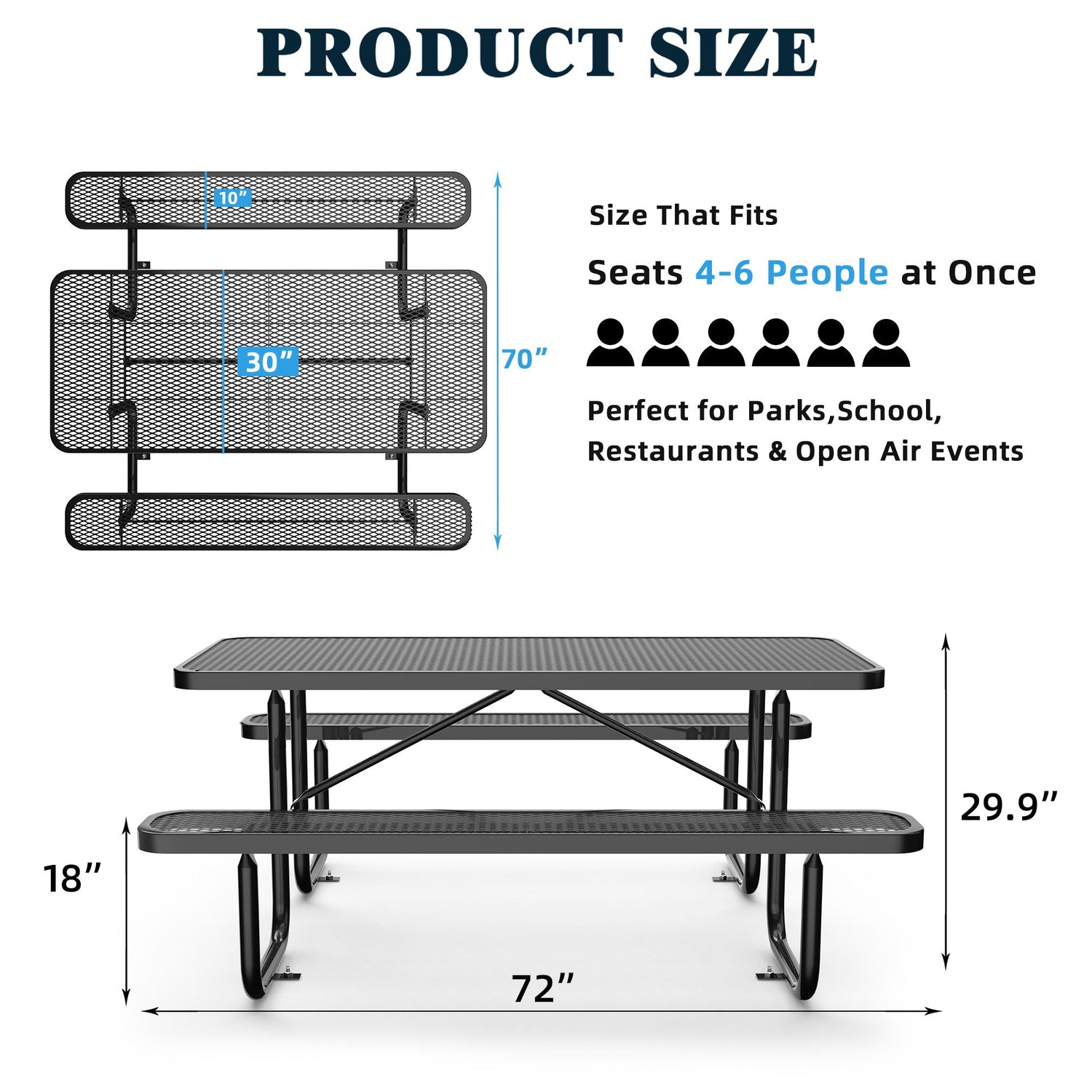Chery Industrial 6 ft Metal Picnic Table Outdoor Coated Steel Patio Furniture Set