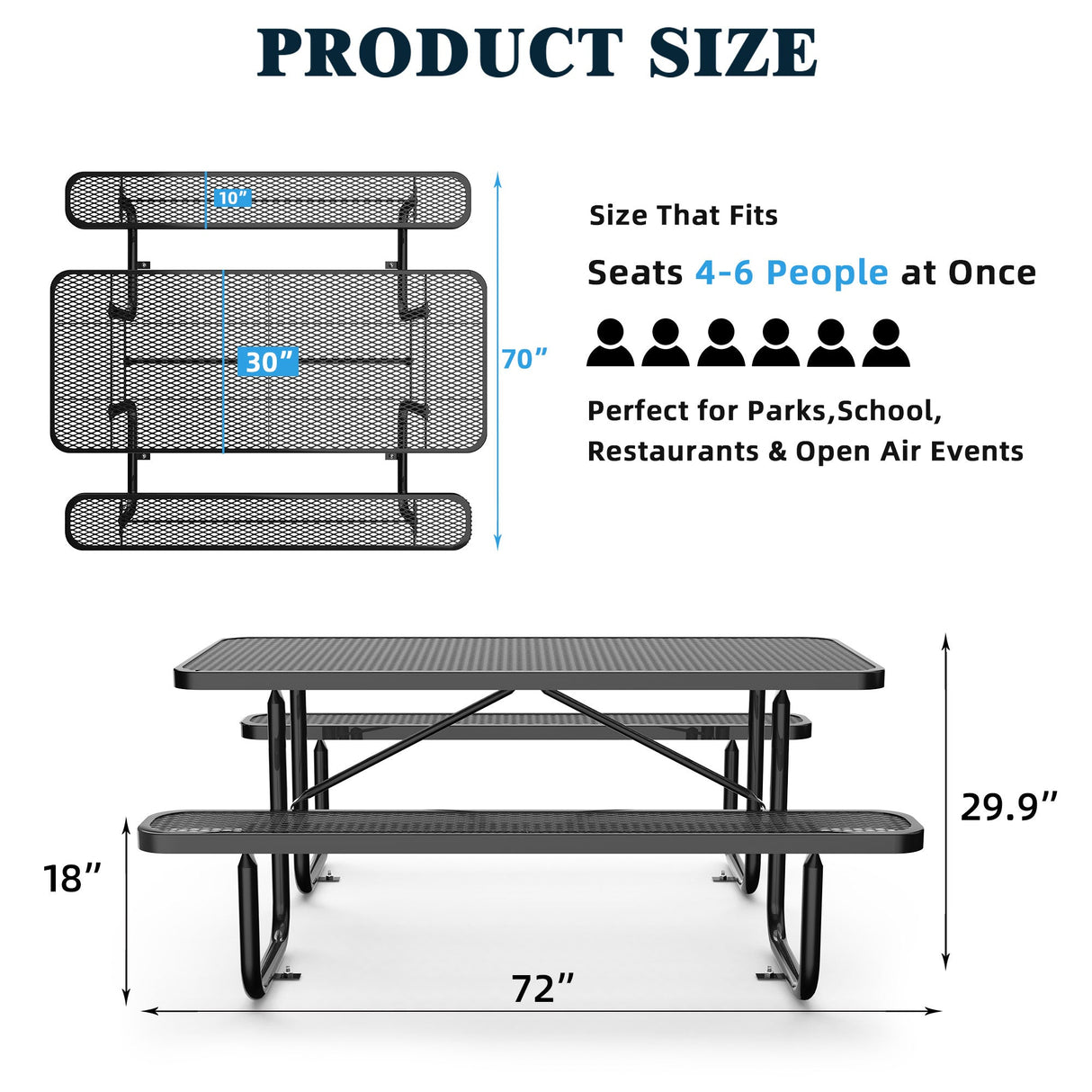 Chery Industrial 6 ft Metal Picnic Tables for Outdoors