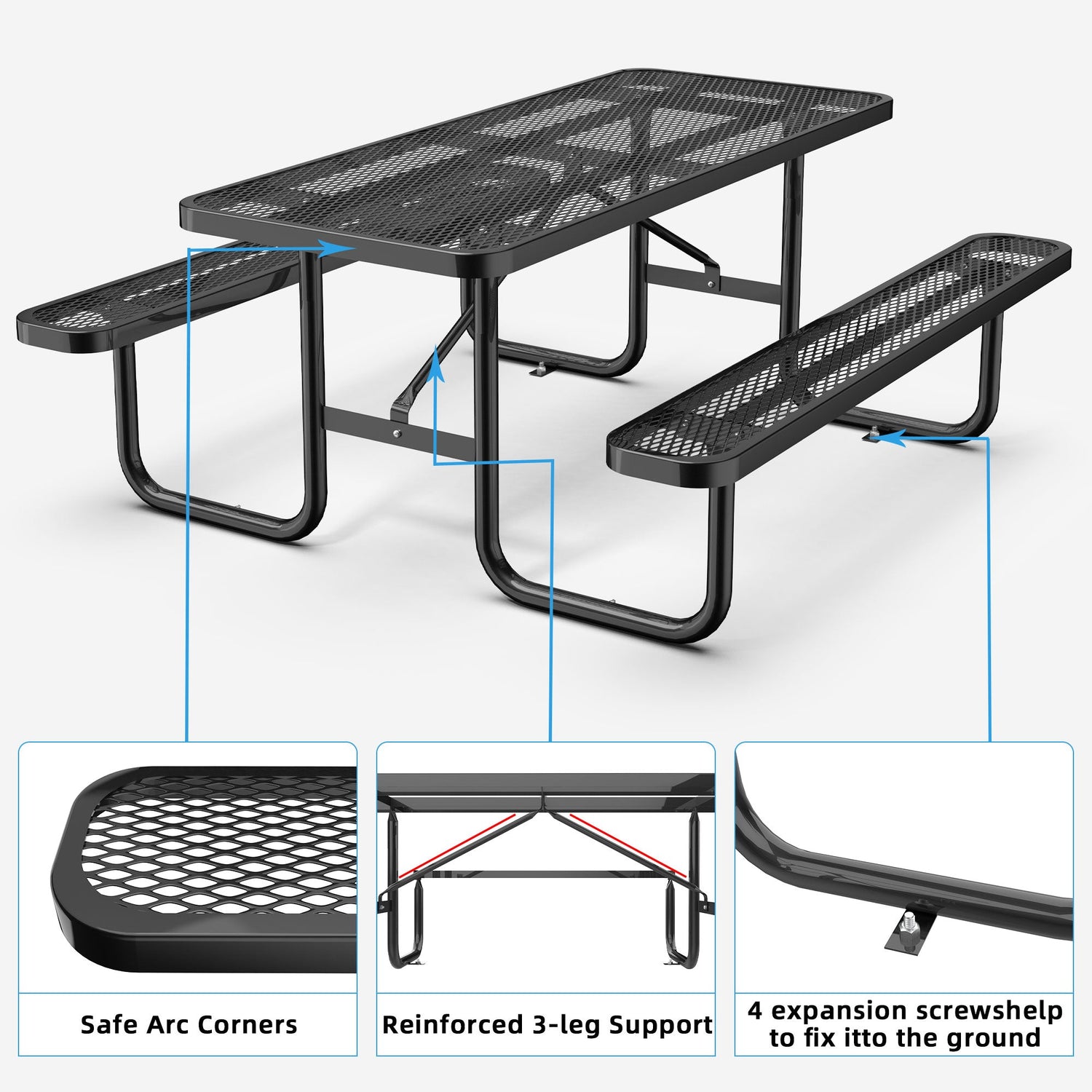 Chery Industrial 6 ft Metal Picnic Tables for Outdoors