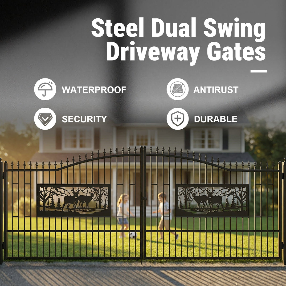 20FT × 7FT Double Wrought Iron Gate Decorative Deer Artwork Driveway Gate