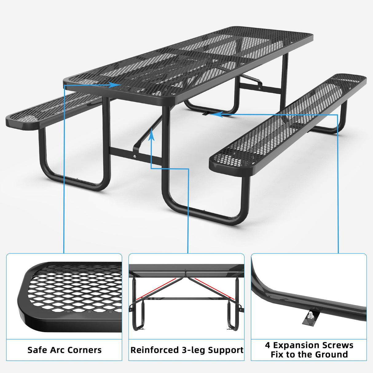 Chery Industrial 8 ft Metal Picnic Tables for Outdoors, Rectangle Coated Steel Patio Furniture Set