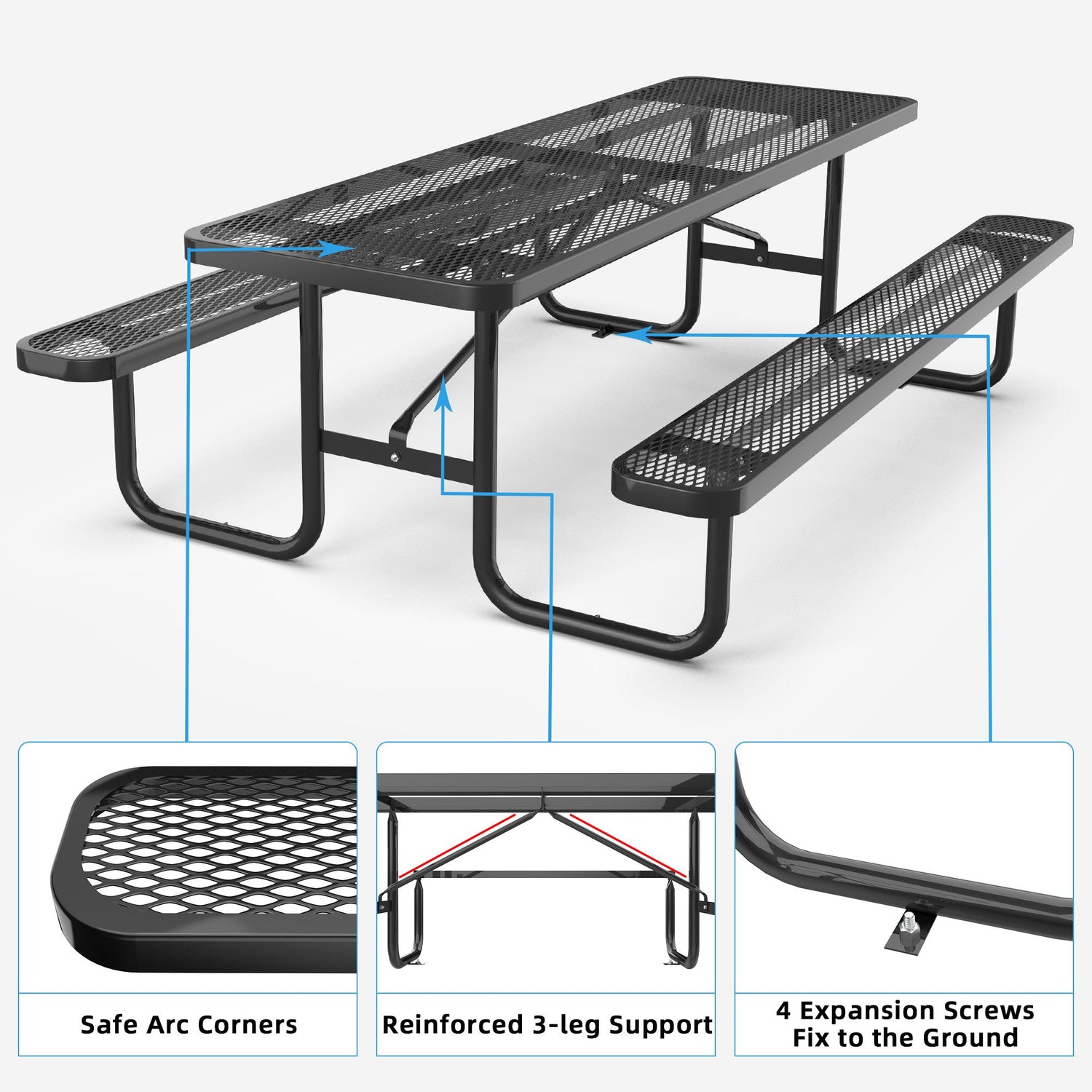 Chery Industrial 8 ft Metal Picnic Tables for Outdoors, Rectangle Coated Steel Patio Furniture Set