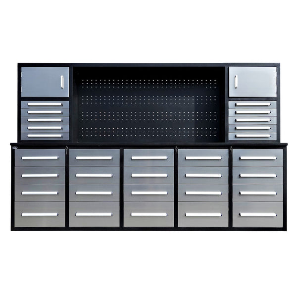 Chery Industrial 9.5ft Storage Workbench with 30 Drawers & 2 Cabinets & 1 Pegboard