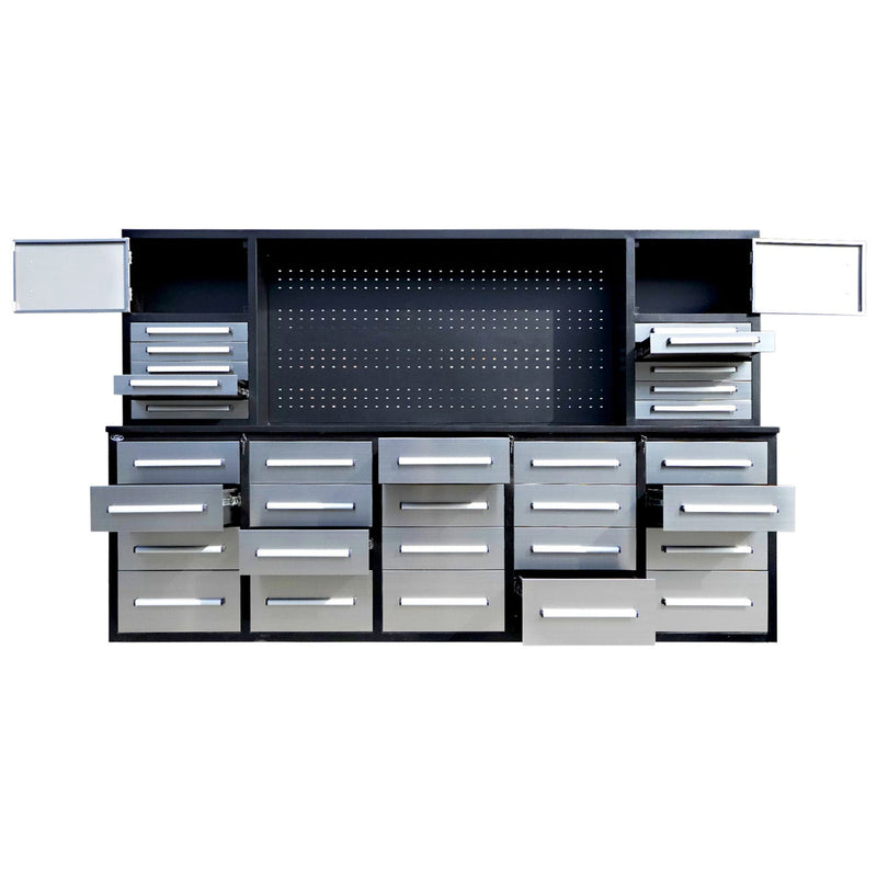Chery Industrial 9.5ft Storage Workbench with 30 Drawers & 2 Cabinets & 1 Pegboard