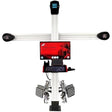 A comprehensive product view of the Katool KT-AV6 3D Wheel Aligner. The mobile unit stands on a white bakground with its horizontal camera bar, vertical support pole, red computer screen, and four wheel targets, all ready for use.