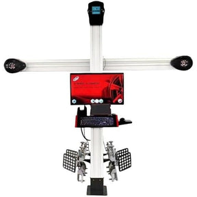 A comprehensive product view of the Katool KT-AV6 3D Wheel Aligner. The mobile unit stands on a white bakground with its horizontal camera bar, vertical support pole, red computer screen, and four wheel targets, all ready for use.