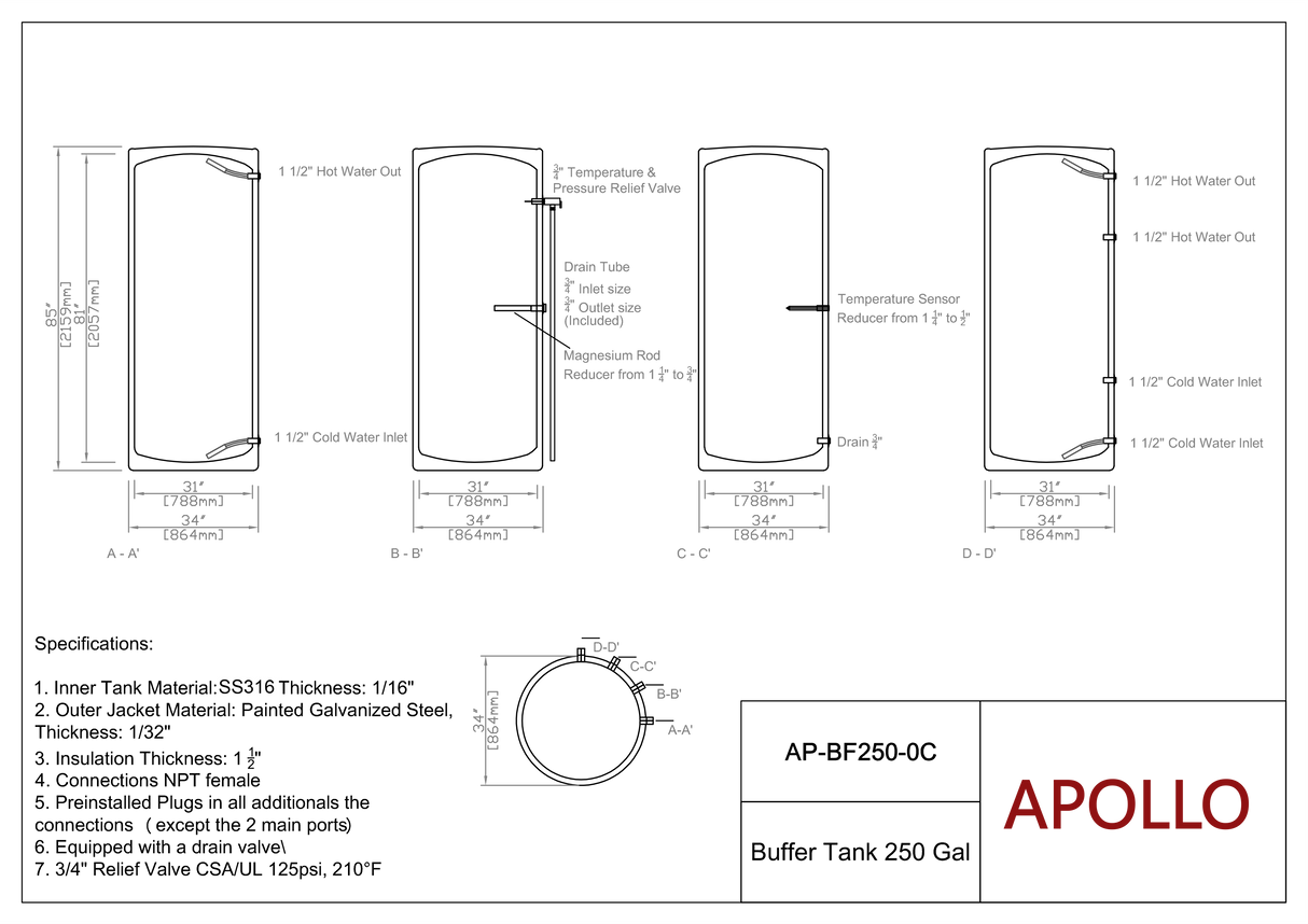APOLLO Stainless Buffer Tank - 175/250gal