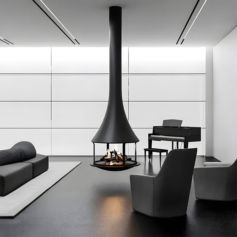 Cylindrical suspended glass wood burning fireplace Ash 2