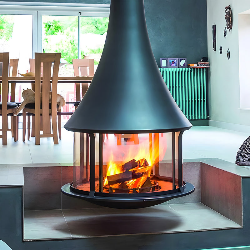 Cylindrical suspended glass wood burning fireplace Ash 2