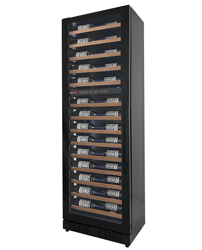 Allavino Reserva Series 67-Bottle 71″ Tall Dual Zone Left Hinge Black Shallow Wine Refrigerator with Wood Front Shelves