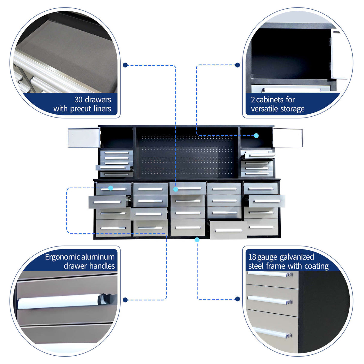Chery Industrial 10ft Workbench Cabinet (30 Drawers, 2 Cabinets & 1 Pegboard)
