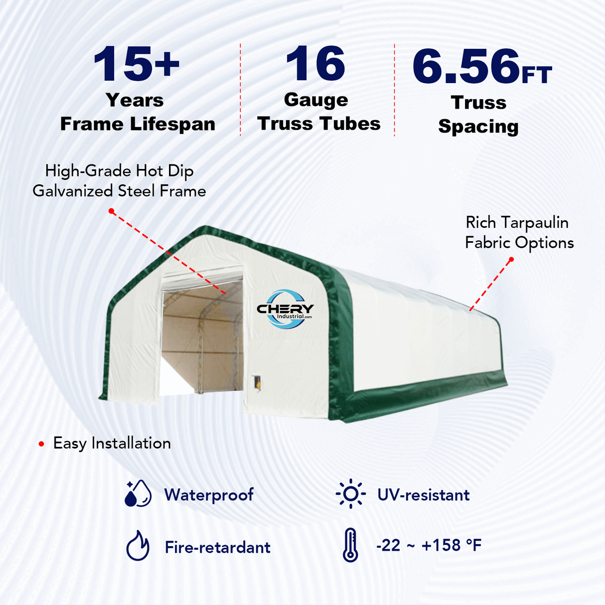 Chery Industrial Gold Mountain Double Truss Arch Storage Shelter 20′ W × 40′ L × 16′ H