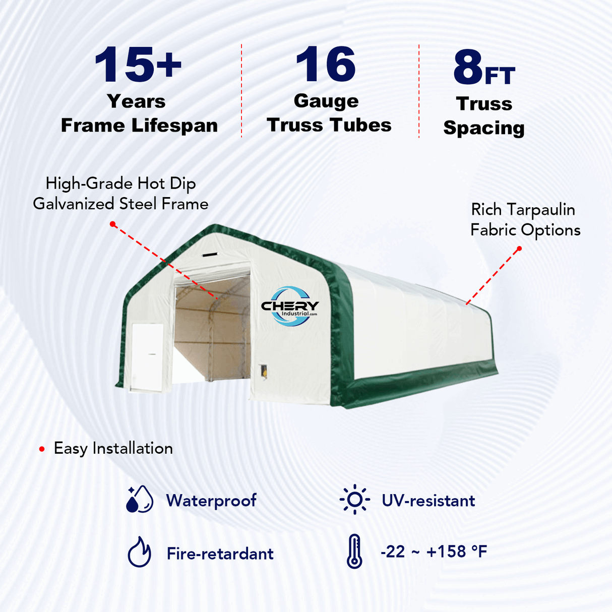 Chery Industrial Gold Mountain Double Truss Arch Storage Shelter 40′ W × 64′ L × 23′ H