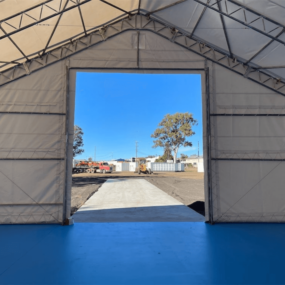 Double Truss Storage Shelter 70′ W × 120′ L × 28′ H