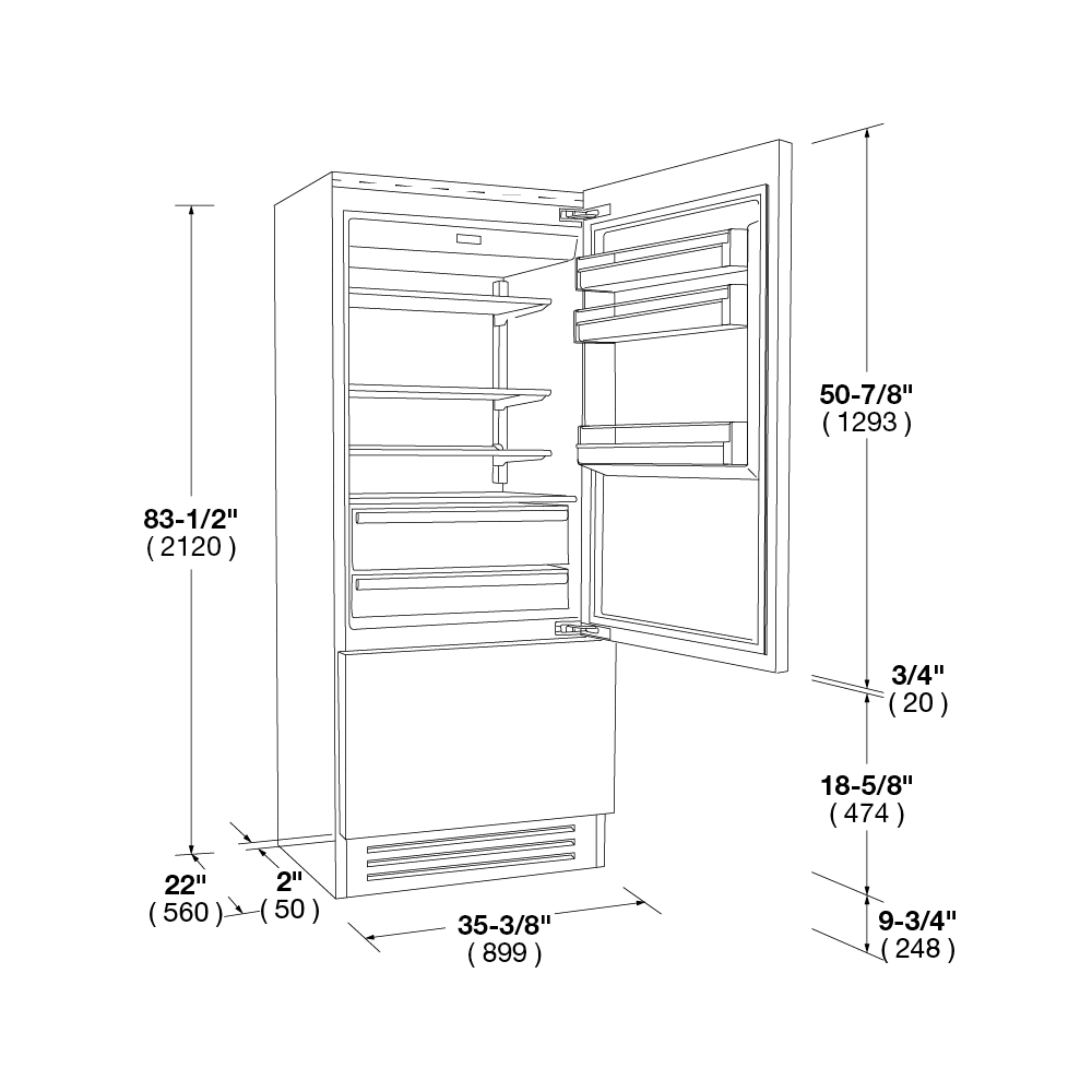 Fulgor Milano 700 Series 36 Inch 18.5 Cu. Ft. Panel Ready Bottom Freezer Refrigerator with Ice Maker and LED Lighting Left Hinge F7IBM36O2-L