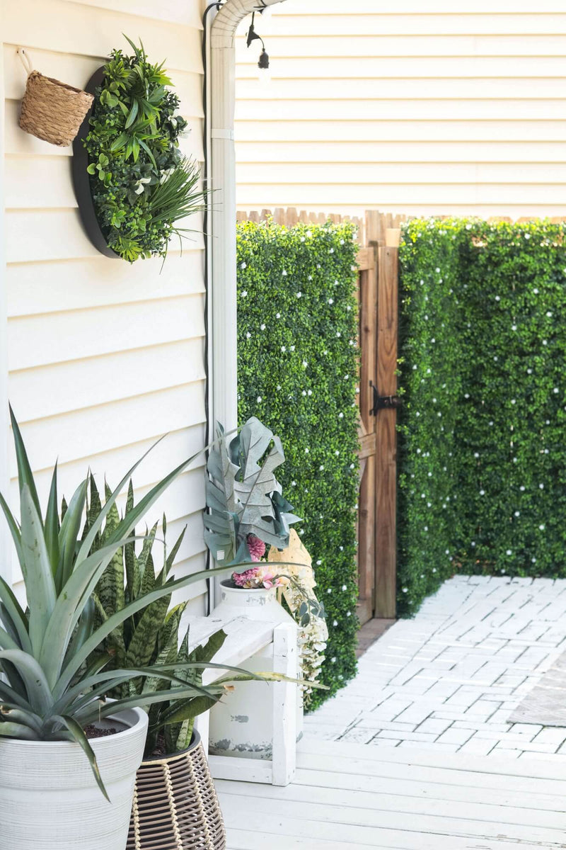 Designer Plants USA White Flowering Artificial Boxwood Wall 40" x 40" Commercial Grade