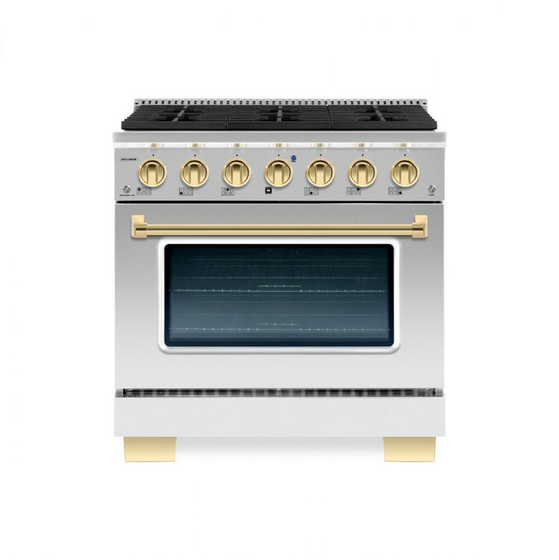 Hallman Bold Series 36" Dual Fuel Freestanding Range with Brass Trim