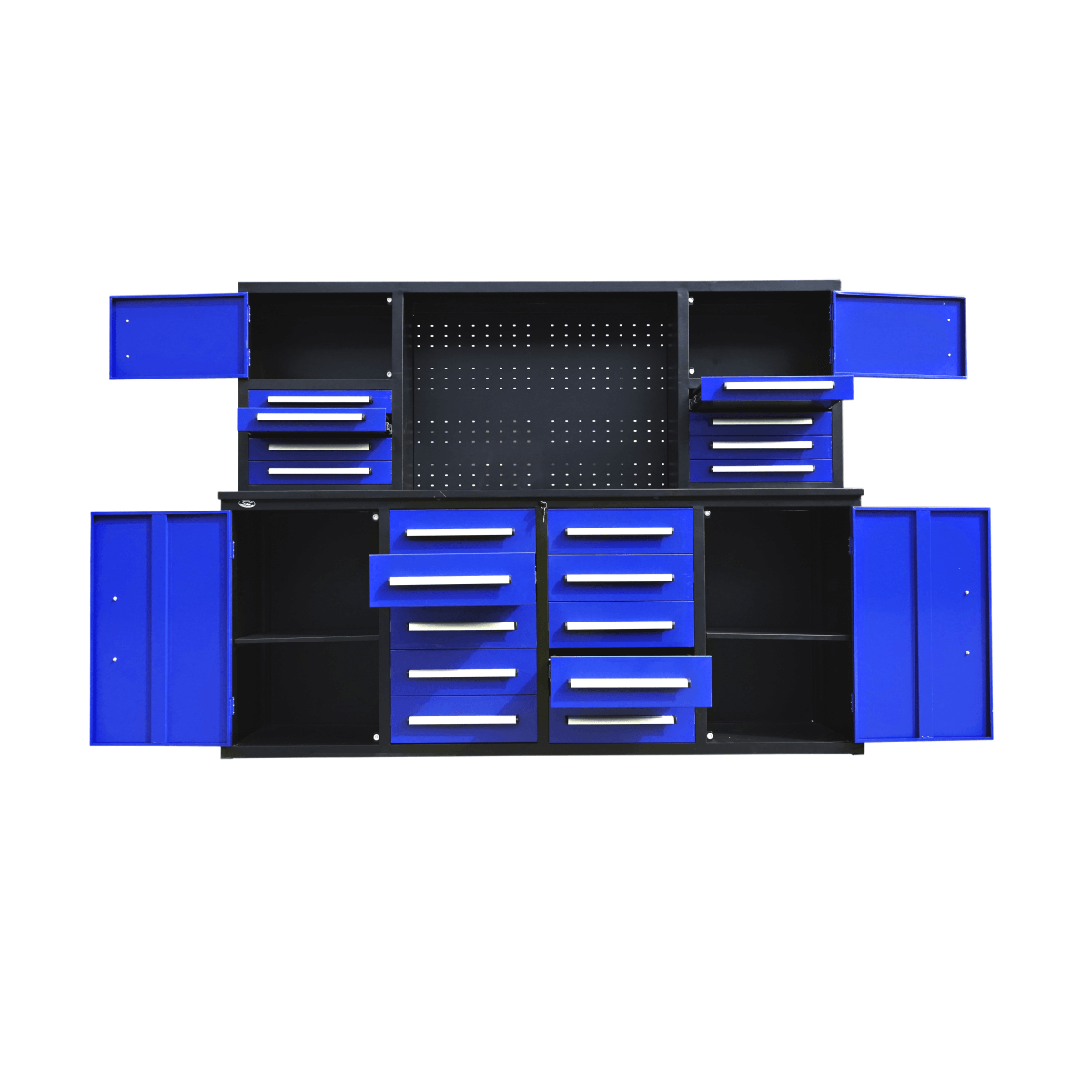 Chery Industrial 7 ft Garage Workbench Cabinet (18 Drawers & 4 Cabinets & Pegboard)