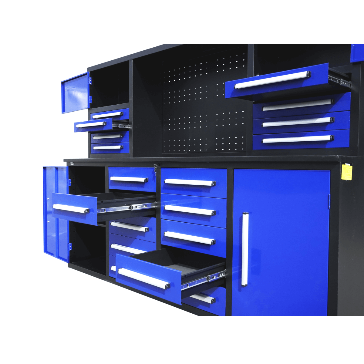 Chery Industrial 7 ft Garage Workbench Cabinet (18 Drawers & 4 Cabinets & Pegboard)