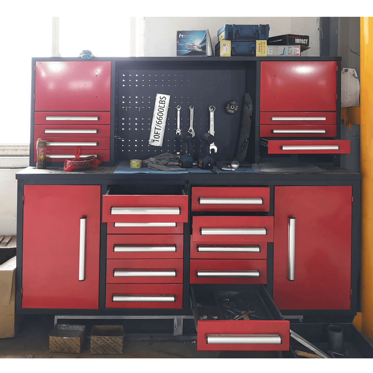 Chery Industrial 7 ft Garage Workbench Cabinet (18 Drawers & 4 Cabinets & Pegboard)