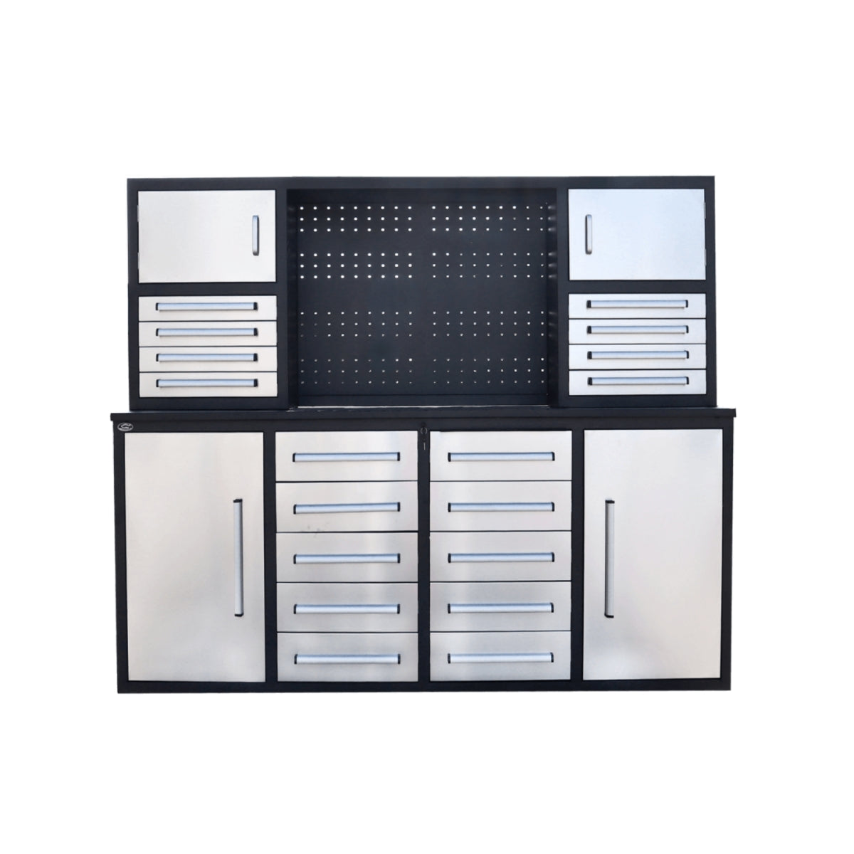 Chery Industrial 7 ft Garage Workbench Cabinet (18 Drawers & 4 Cabinets & Pegboard)