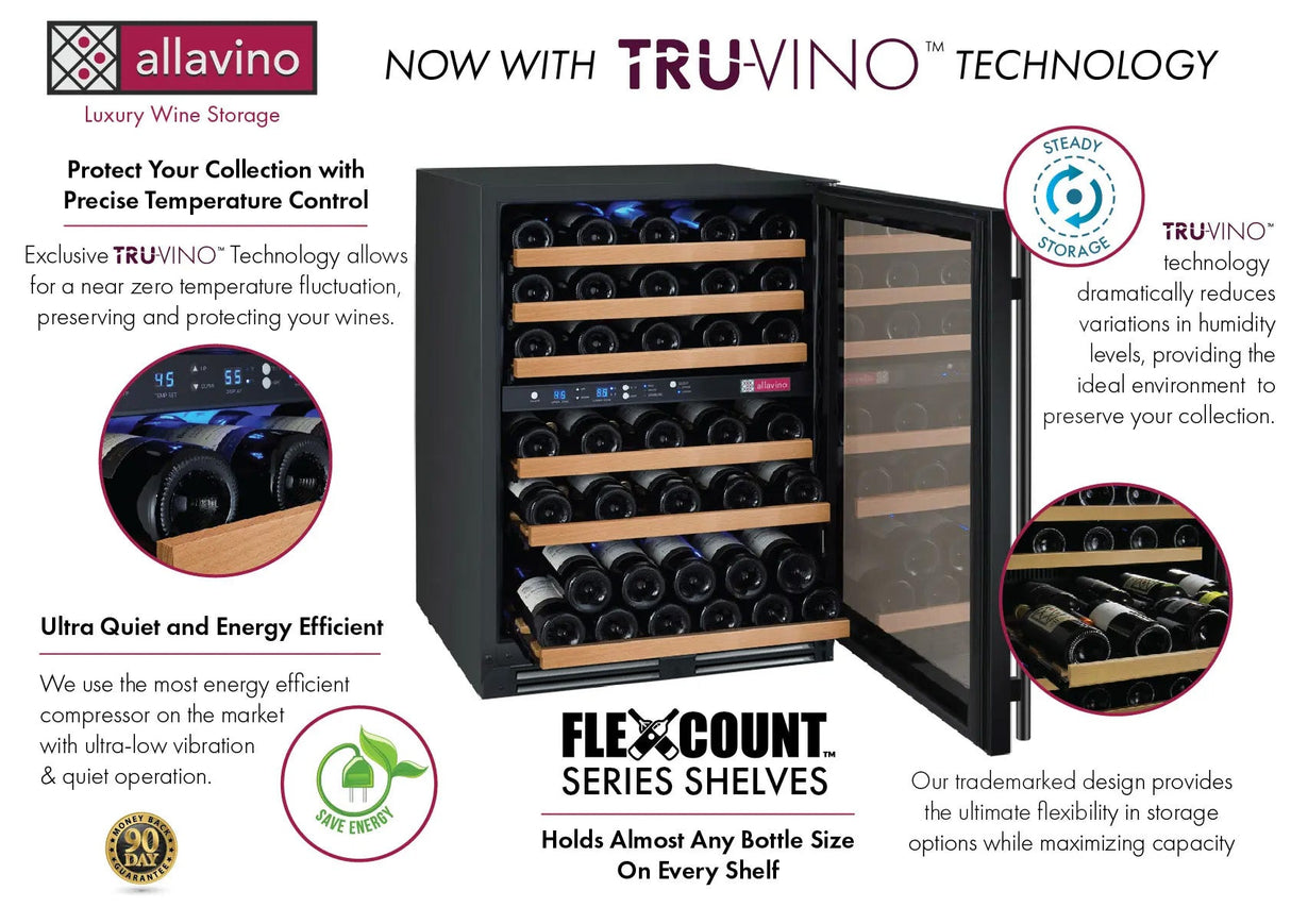 Allavino FlexCount Series 56 Bottle Dual Zone Built-In Wine Cooler Refrigerator with Black Door Right Hinge VSWR56-2BR20