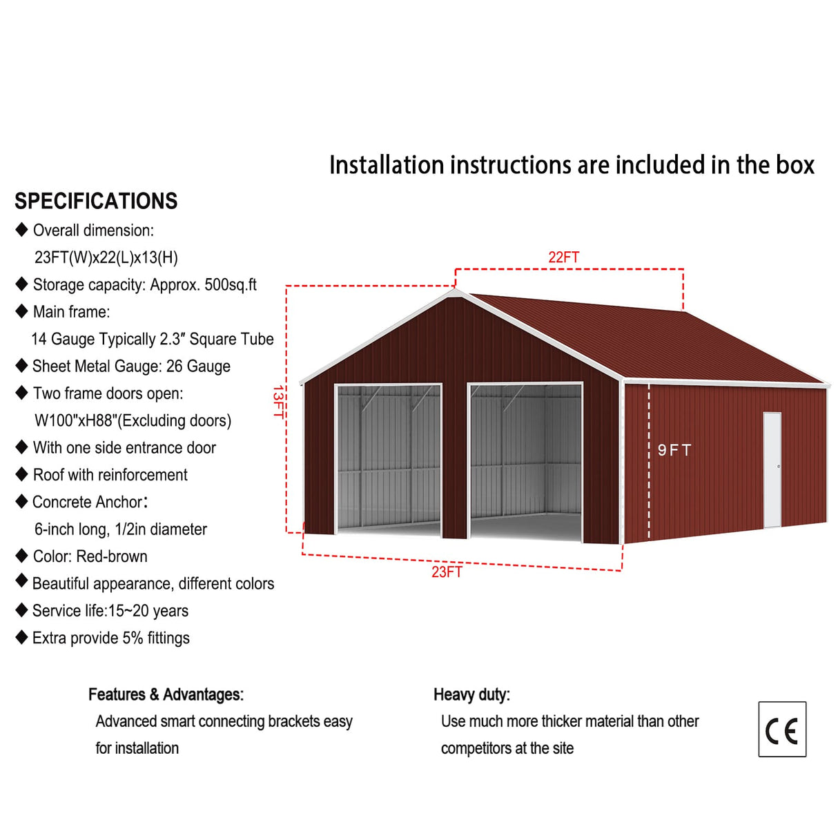22FT × 23FT Double Garage Metal Storage Building K2223G