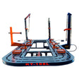 The Katool KT-198L Auto Body Frame Machine with its black, orange, and gray design. Overlay text indicates the machine is "Proudly Manufactured by CELETTE Joint Venture" and includes locations for Los Angeles, Houston, and Savannah warehouses.