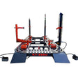 The Katool KT-299U Auto Body Frame Machine with its black frame and orange pulling towers on a white background. The image includes "Proudly Manufactured by CELETTE Joint Venture" and Katool's US warehouse locations.