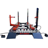 The Katool KT-299U Auto Body Frame Machine with its black frame and orange pulling towers on a white background. The image includes "Proudly Manufactured by CELETTE Joint Venture" and Katool's US warehouse locations.