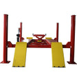 A red and yellow Katool KT-4H150 4-post car lift with ramps, a rolling jack, and turntables on a white background.