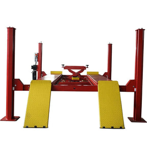 A red and yellow Katool KT-4H150 4-post car lift with ramps, a rolling jack, and turntables on a white background.