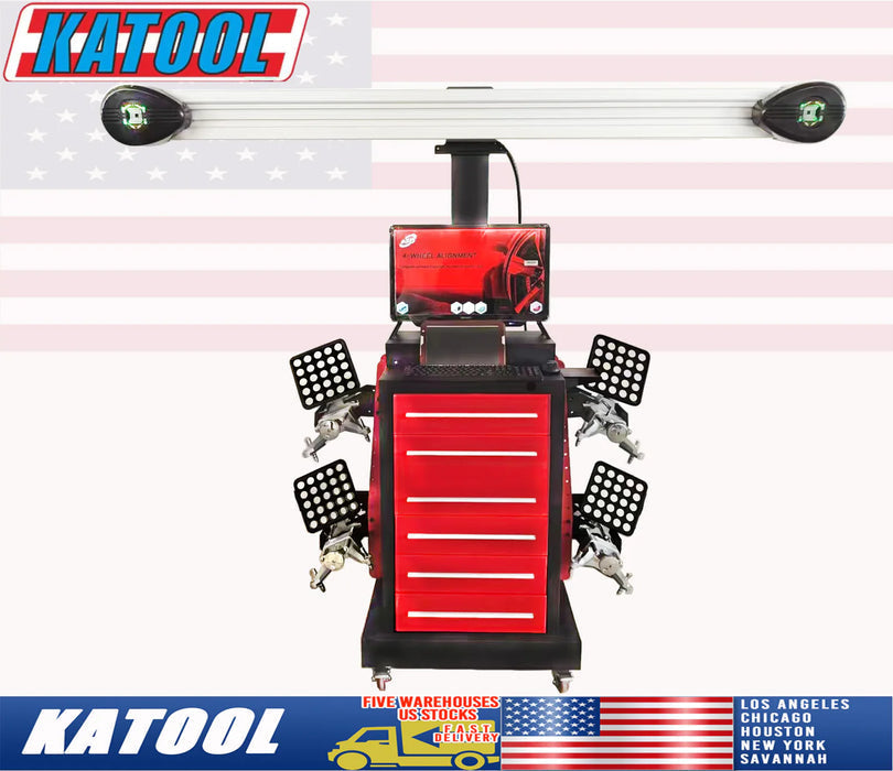 A red and black Katool KT-AV651 3D wheel aligner with a red cabinet, tool drawers, and camera bar. The image has a US flag background and text highlighting warehouse locations in Los Angeles, Chicago, New York, and Savannah.