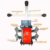 The Katool KT-AV9 3D wheel aligner is shown on a white background with text labels pointing to its main components, including the camera beam, electric lifting column, cabinet, wheel clamps, and targets. The cabinet is also labeled "ANDROID IOS," and the image shows a TV, tablet, and printer.