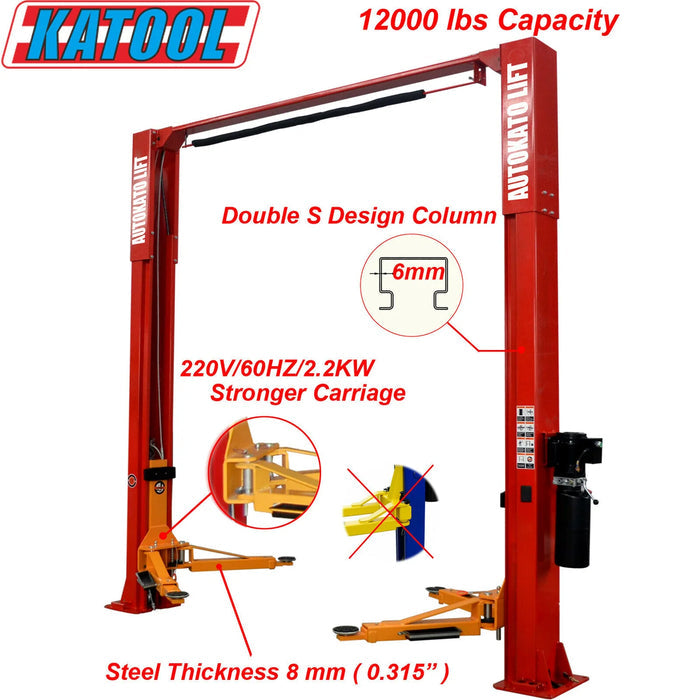 A red Katool KT-M120 2-Post Car Lift with yellow lifting arms and text overlays highlighting its 12,000 lbs capacity, "Double S Design Column," and a "6mm" steel thickness of 0.315".