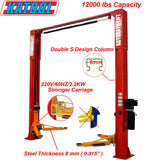 A red Katool KT-M120 2-Post Car Lift with yellow lifting arms and text overlays highlighting its 12,000 lbs capacity, "Double S Design Column," and a "6mm" steel thickness of 0.315".