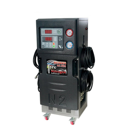 A black and gray Katool KT-N80 Tire Nitrogen Generator with a handle on top and caster wheels. The front panel has a large digital display and several analog gauges, and text on the overlay reads "inflate 4 tires simultaneously at the touch of a button" and "Five Warehouses US stocks Fast delivery".