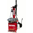 The red Katool KT-T810 tire changer with a "KATTOOL" logo, a built-in inflation gauge, and a black mounting arm.