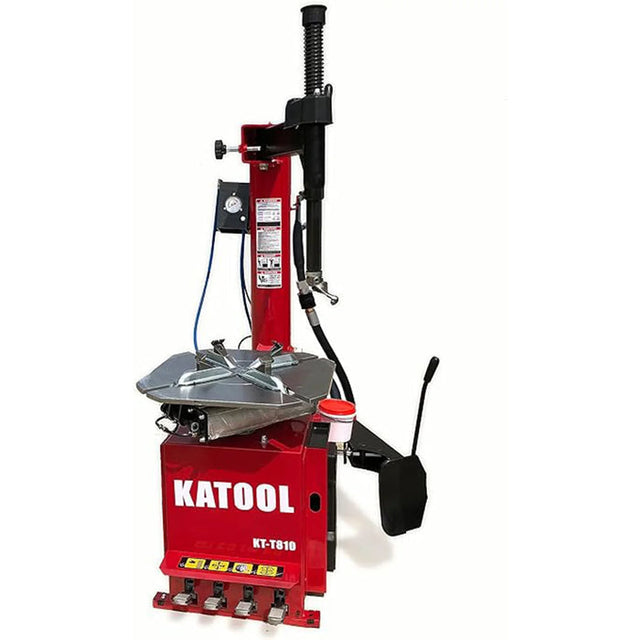 The red Katool KT-T810 tire changer with a "KATTOOL" logo, a built-in inflation gauge, and a black mounting arm.