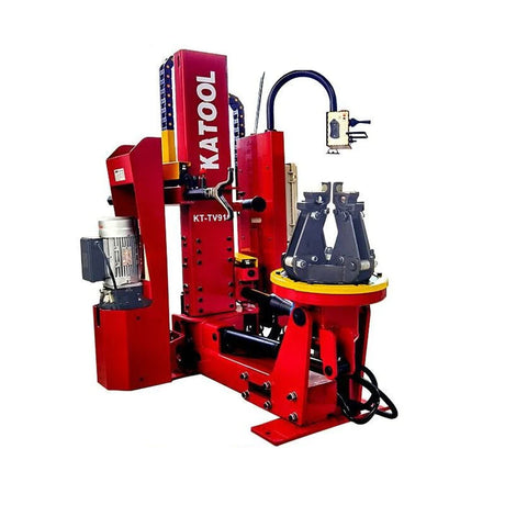 A red Katool KT-TV910 hydraulic truck tire changer shown against a white background. The image includes text overlays highlighting its five warehouse locations in the United States and its hydraulic motor.