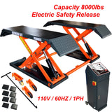 A Katool KT-X80-ELECTRIC mid-rise scissor lift shown from the front at an angle with a "Capacity 8000lbs" and "Electric Safety Release" overlay. The image also includes "110V/60HZ/1PH" and shows a mobile kit with rubber lifting blocks.