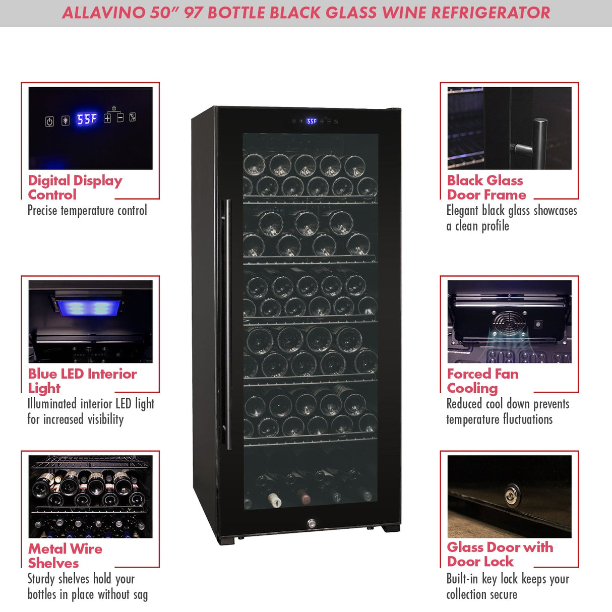 Allavino Contemporary 102 Bottle Single Zone Freestanding Wine Refrigerator with Black Glass Door KWR102S-1BGR