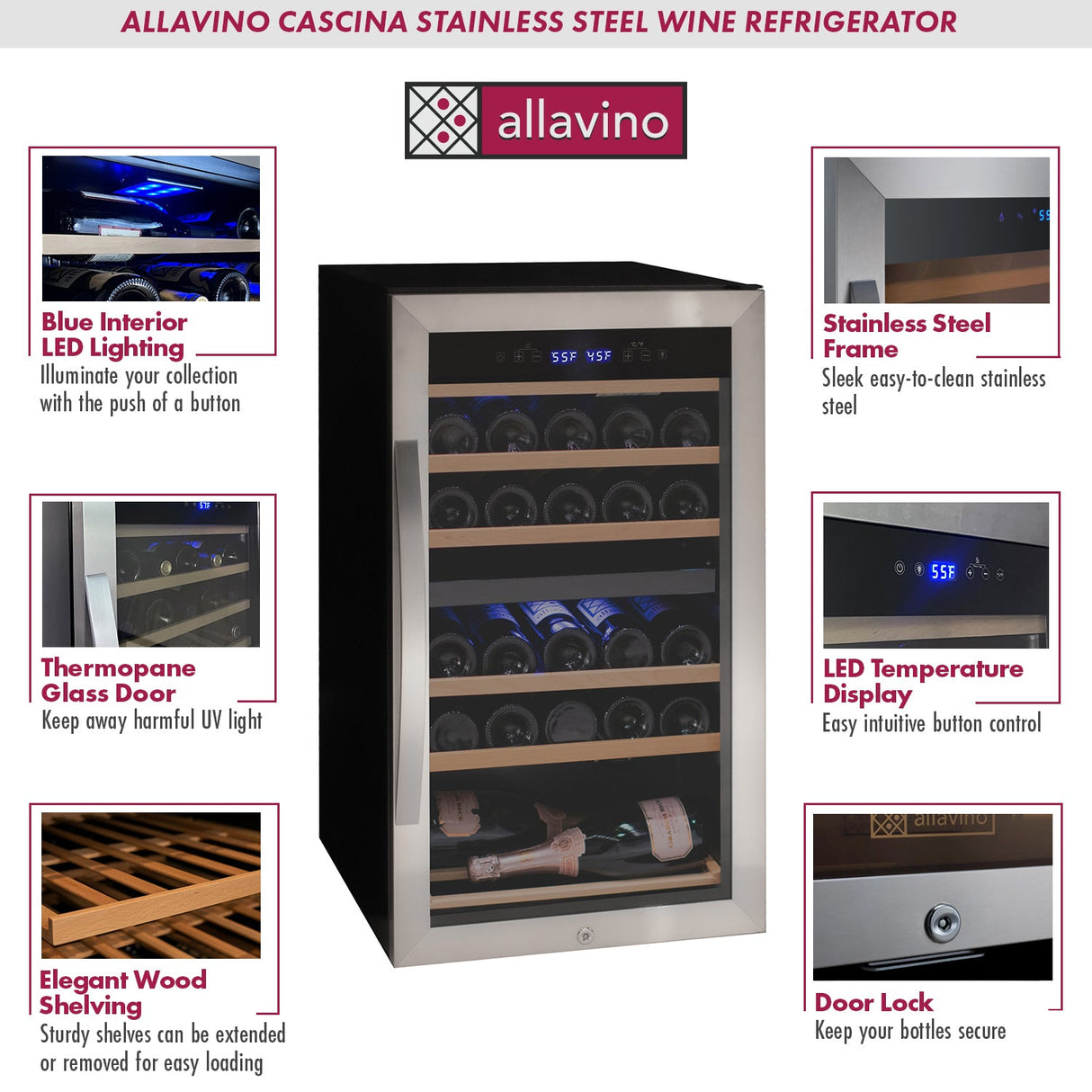 Allavino Cascina Series 28 Bottle Dual Zone Freestanding Wine Cooler Refrigerator with Stainless Steel Door Right Hinge KWR28D‑2SR