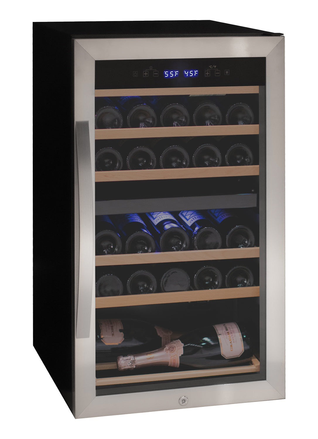 Allavino Cascina Series 28 Bottle Dual Zone Freestanding Wine Cooler Refrigerator with Stainless Steel Door Right Hinge KWR28D‑2SR