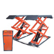 A detailed product shot of the Katool Full Rise Scissor Lift KT-X95, showcasing the main unit on a white background with its dual red scissor arms and black lifting platforms fully extended to its maximum height capacity. The orange control cabinet with its push-button interface is visible on the left side, while the text "Capacity 8000lbs," "220V/60HZ/1PH," and the "KATOOL" logo are displayed prominently at the top.